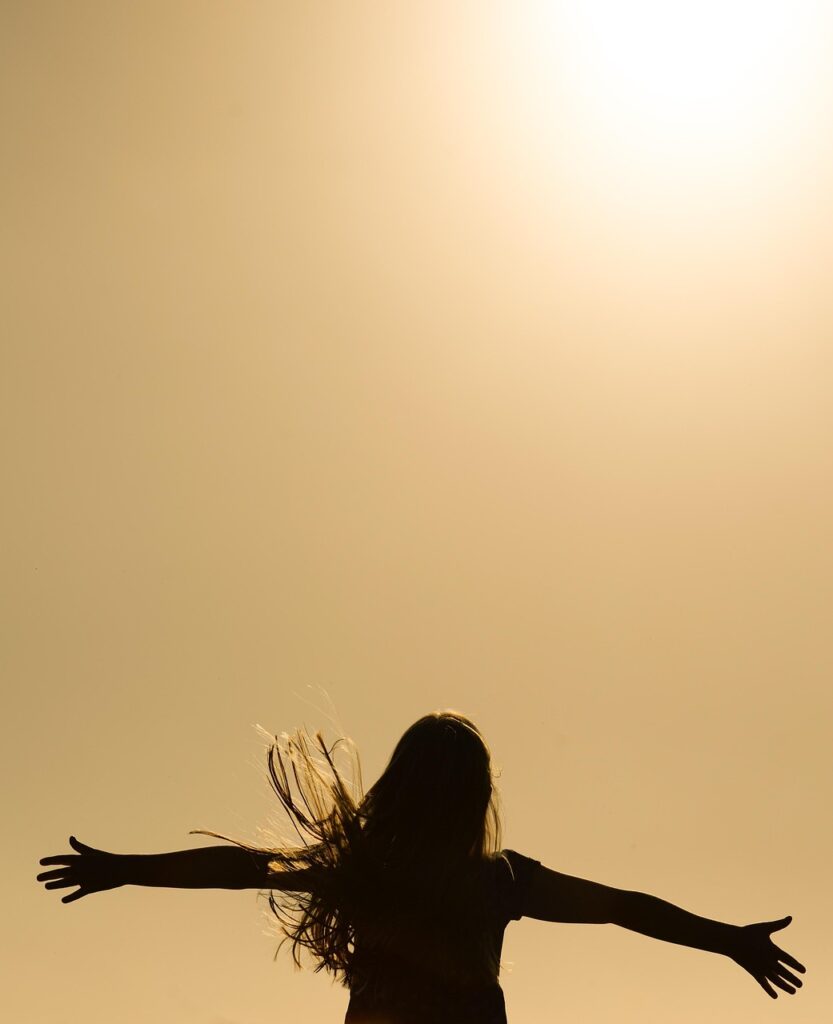 person, girl, human, joy, sunset, sun, nature, orange, lust for life, cheers, silhouette, young people, boy, pleasure, comfort, be pleased with, satisfaction, merry mood, cheerful mood, happy courage